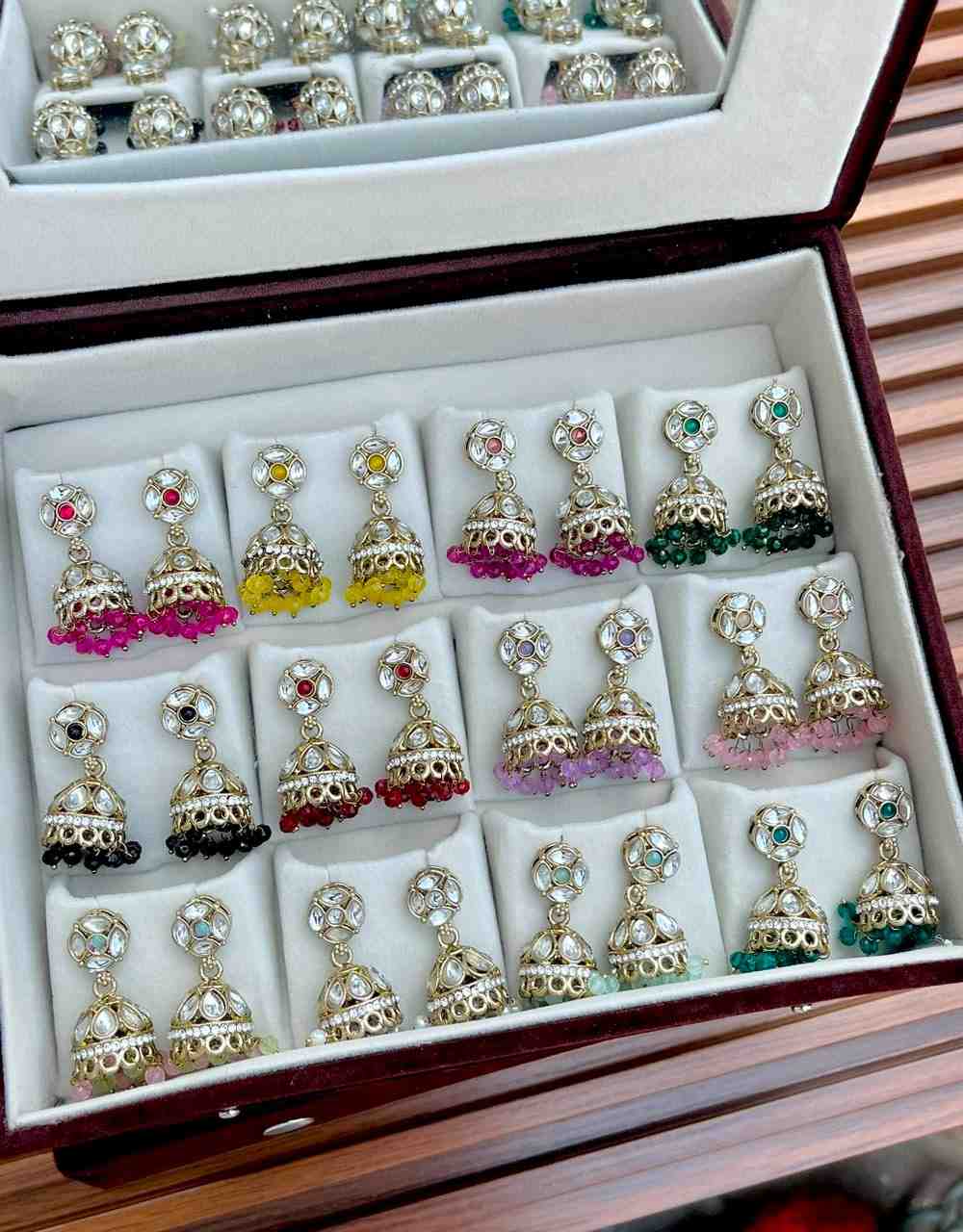 Beautiful Premium Quality 12 Pairs Different Colour Small Jhumka Mirror Box….